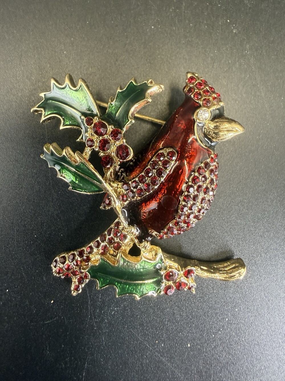 VTG Dana Buchman Christmas Cardinal Bird Red Rhinestone on Leaf Branch Brooch